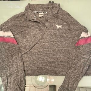 Pink hoodie draw string large logo on front grey white/pink stripes on sleeves